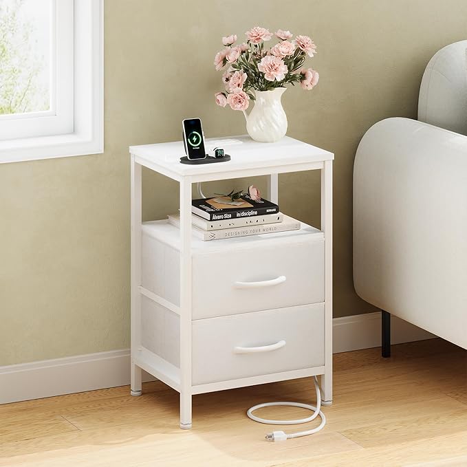 DUMOS Nightstand Set of 2 with Built in Charging Station USB Ports and Outlets Adjustable Fabric Drawer Storage Bedside Table with Open Shelf for Bedroom,White