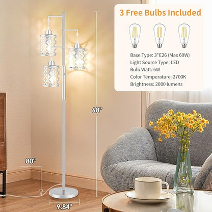 Dimmable Floor Lamp, Farmhouse Standing Lamp with Elegant Metal Cages, Industrial Tall Tree Floor Lamps for Living Room, Bedroom, Study Room, Office, 2000LM LED Bulbs Included -68", Silver