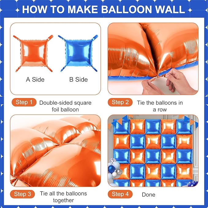 Orange and Blue Square Foil Balloons 25 Pcs Metallic Orange and Blue Balloons Wall Backdrop for New Year Graduation Birthday Bridal Shower Party Arch Backdrop Decorations