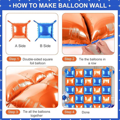 Orange and Blue Square Foil Balloons 25 Pcs Metallic Orange and Blue Balloons Wall Backdrop for New Year Graduation Birthday Bridal Shower Party Arch Backdrop Decorations