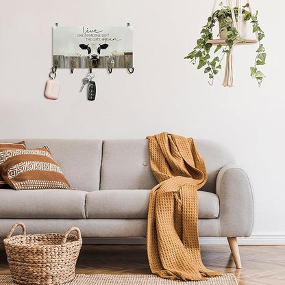 Cow Gifts Key Holder for Wall 10"x5.12", Cow Decor Key Hanger Wall Mount, Live Like Someone Left The Gate Open Rustic Farmhouse Cows Wooden Hanging Keys Holder Decor for Entryway
