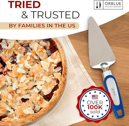 Orblue Pie Server, Essential Kitchen Tool, Serrated on Both Sides, Great for Right or Left Handed Chef, Stainless Steel Flatware, Cake Cutter, Royal Blue