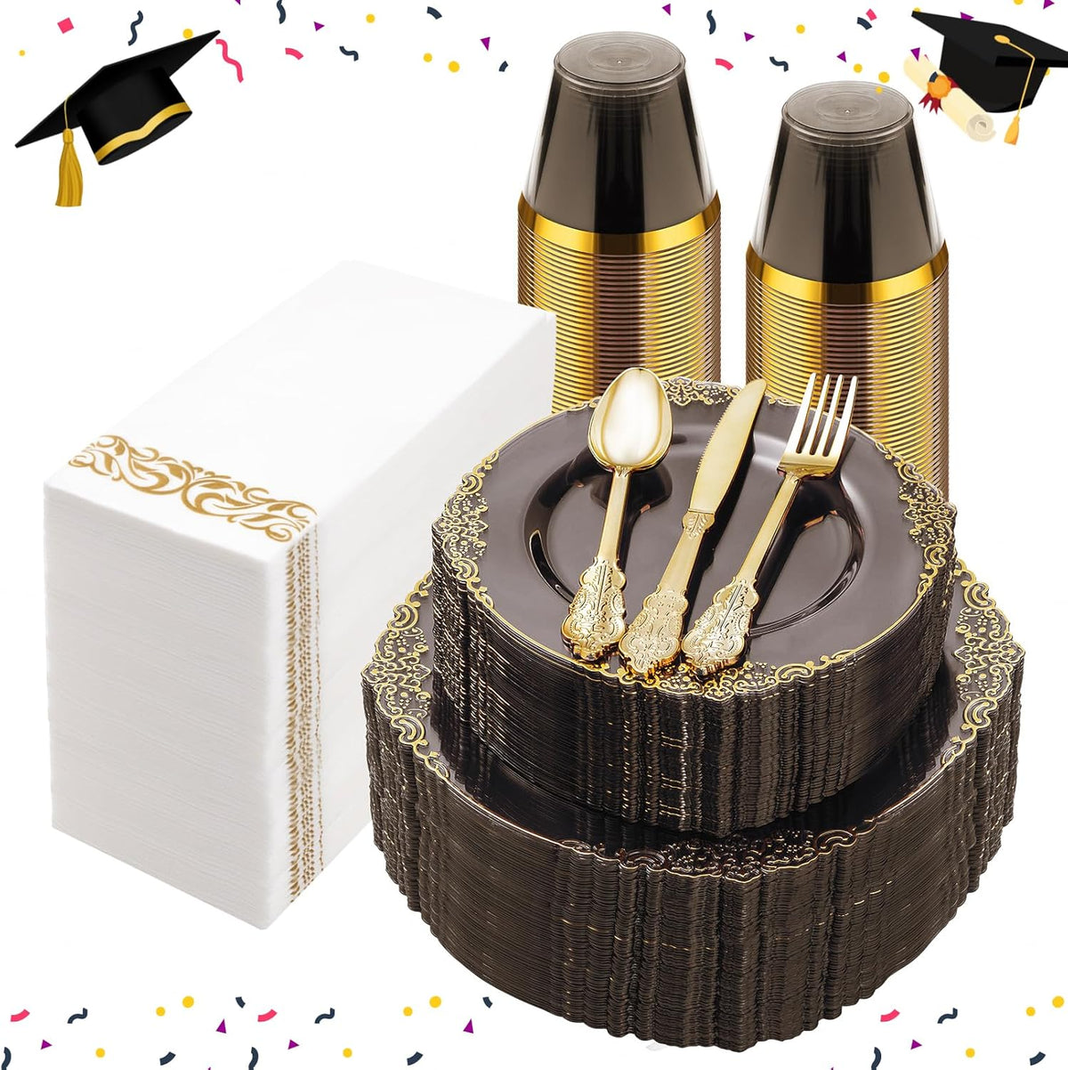 350PCS Clear Black Plastic Plates for 50 Guests, Disposable Plates with Gold Trim include 50 Dinner and Dessert Plates, 150 Gold Silverware, 50 Cups, 50 Napkins for Party & Graduation