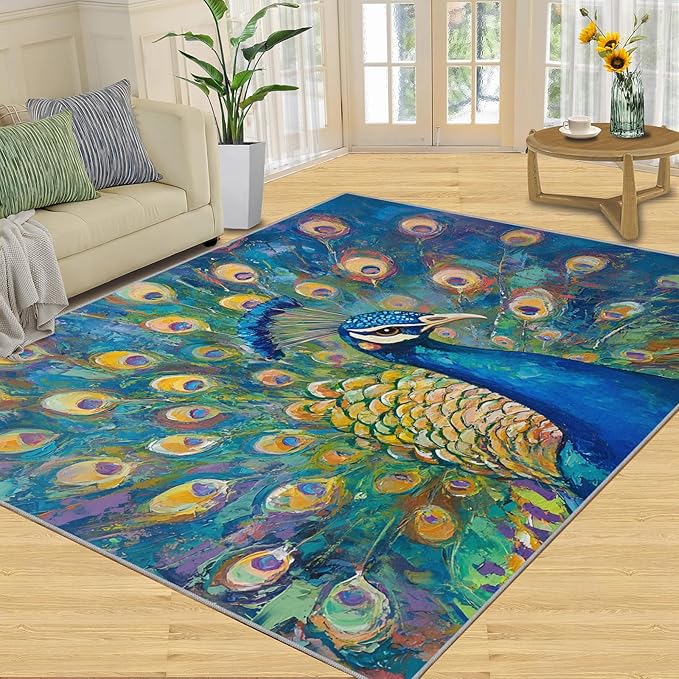 Peacock Rug Large - 6x8 Rug, Turquoise Teal Peafowl Washable Rugs for Living Room, Peafowl Decor Carpet, Modern Style Non-Slip Area Rugs for Bedroom, Aesthetics Carpet - Peafowl Home Decor & Gifts