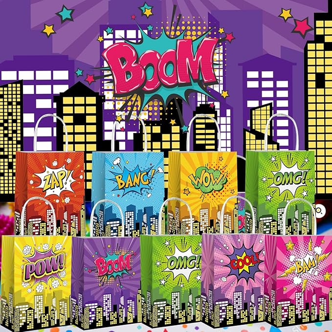 Lesnala 16Pcs Superhero party favors bags with handles 8 Styles Comic series goodie bags Kraft paper hero themed candy treat gift bags for Kids Birthday Party Baby Shower Decoration Supplies