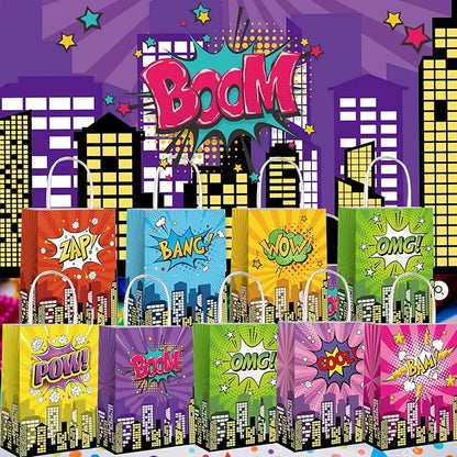 Lesnala 16Pcs Superhero party favors bags with handles 8 Styles Comic series goodie bags Kraft paper hero themed candy treat gift bags for Kids Birthday Party Baby Shower Decoration Supplies