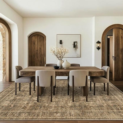 9x12 Brown Washable Area Rugs for Living Room Non Slip Low Pile Vintage Boho Throw Rug Soft Retro Distressed Floral Large Carpet Indoor Farmhouse Decor for Bedroom Dining Room Office Kitchen Playroom