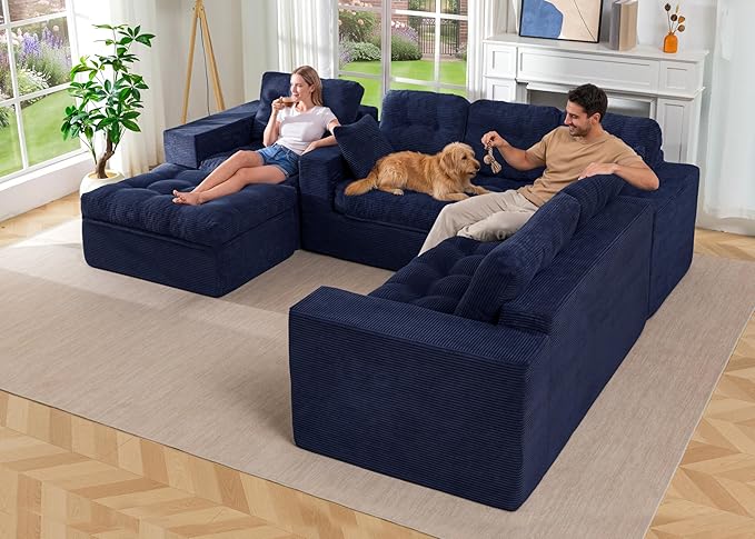 MAXYOYO Modular Sectional Sofa with Ottoman and Loveseat, Cloud Boneless Couch with Layered Cushion, Flexible Module Combination Sofa for Living Room, No Assembly Required,Navy