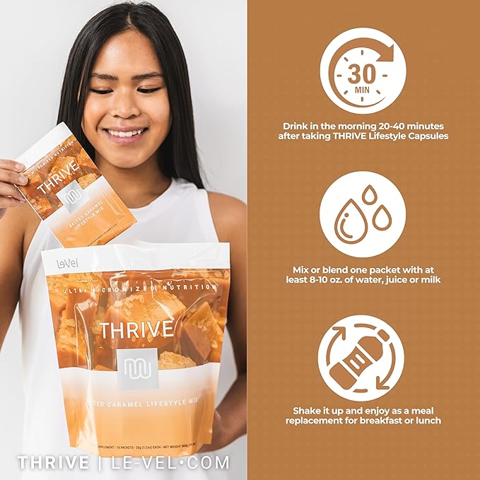 Thrive Protein Shake | 16 Packets (35g Each) | Gluten-Free, Pea Protein, Probiotics, Fiber & Digestive Enzymes | Supports Lean Muscle (16 Packets (Single Servings), Salted Caramel)
