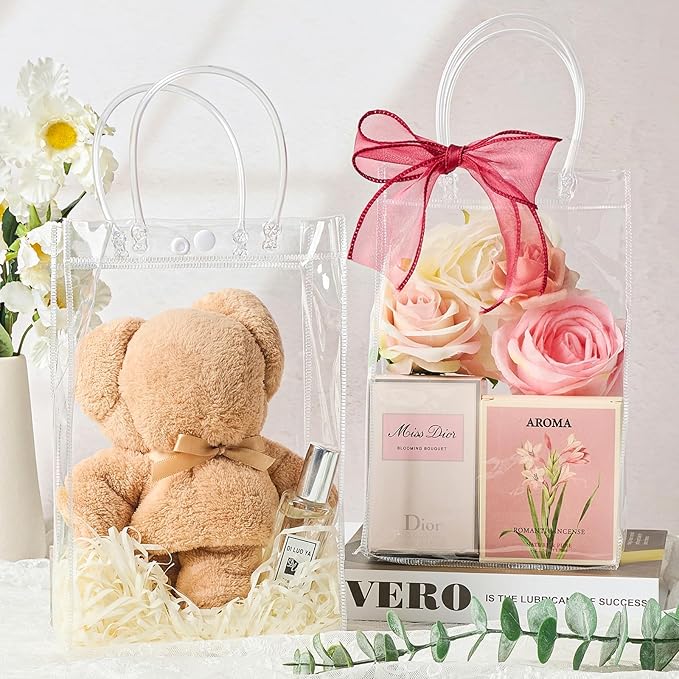 Jutieuo 24 PCS Clear Gift Bags with Handles, 6.3 x 9.8 x 3.2 Inches Reusable Plastic Goodie Bag Transparent Party Favor Bags Bulk for Weddings Birthdays Events, Classrooms & Celebrations