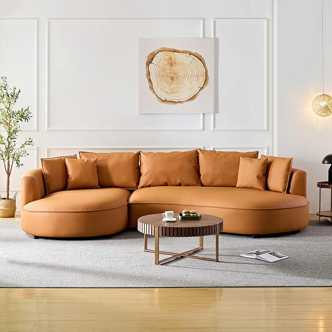 WILLIAMSPACE 124.8" Leather Curved Sofa Couch, Modern Upholstery Luxury Sofa with Pillows, Left Hand Facing Sectional Couch for Living Room (Left-Facing,Orange Leather)