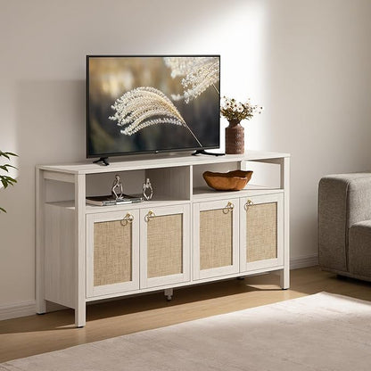 SICOTAS Rattan TV Stand for Television up to 120" - Large Entertainment Center with Storage and Open Shelves, Boho Media TV Console Cabinet with Doors and Adjustable Shelf for Living Room