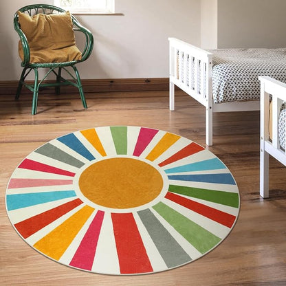 STARUIA Boho Washable Rug 5 Ft Round Area Rug for Bedroom, Rainbow Circle Kids Rugs for Office, Non-Slip Circluar Carpet Soft Sunshine Rugs for Dorm Nursery Sofa Living Room Corner
