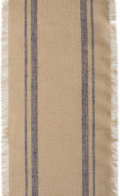 DII Jute Burlap Collection Kitchen Tabletop, Table Runner, 14x72, Double Border Blue