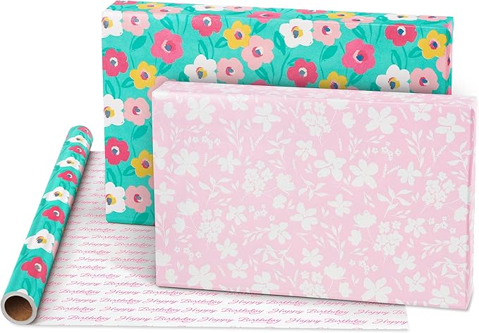 American Greetings 160 sq. ft. Reversible Wrapping Paper Bundle for Birthdays and All Occasions, Floral and Happy Birthday Text (4 Rolls, 30 in. x 16 ft.)