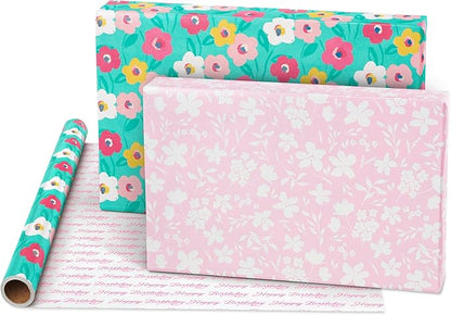 American Greetings 160 sq. ft. Reversible Wrapping Paper Bundle for Birthdays and All Occasions, Floral and Happy Birthday Text (4 Rolls, 30 in. x 16 ft.)