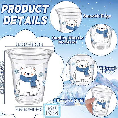 VDESFUEBY 50Pcs 12 OZ Polar Arctic Animals Winter Plastic Cups Winter Wonderland Party Decorations Christmas Holiday Decorations
