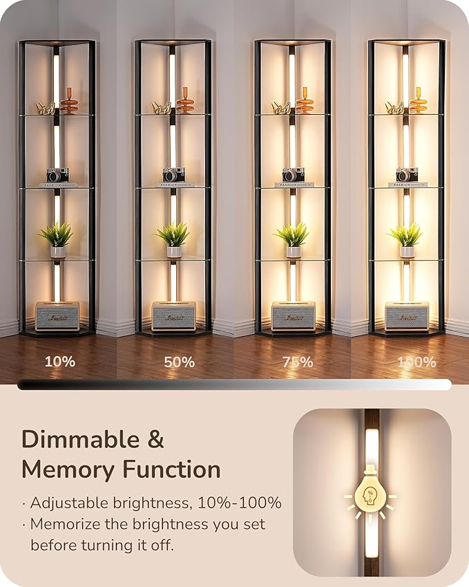 EDISHINE Floor Lamp with Shelves, 5-Tier Glass Display Shelf with Remote/Foot Control, 5CCT & Dimmable Corner Shelf Lamp, Open Display Cabinet, Floor Lamps for Living Room, Bedroom, Black