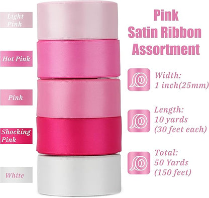 MAYREEL 1 Inch Pink Satin Ribbon Baby Pink Ribbon for Gift Wrapping Crafts Wedding Bridal Shower Valentine's Day Decorations 5 Rolls Assortment 10 Yards Each Color Total 50 Yards