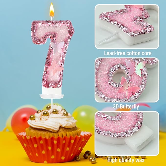 7th Birthday Candles，Glitter Butterfly Cake Toppers Pink Sequins Wedding Numeral Cupcake Decorations，Suitable for Girl and boy Wedding Cakes, Party Celebrations, Birthday Decorations