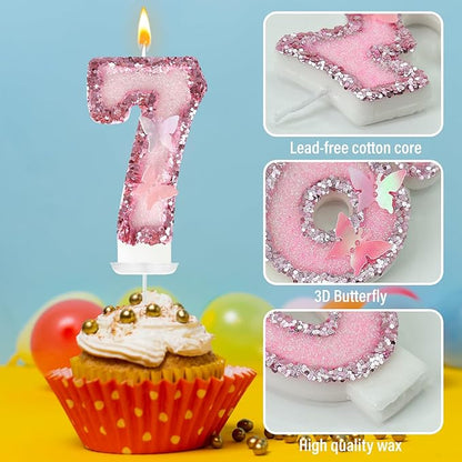 7th Birthday Candles，Glitter Butterfly Cake Toppers Pink Sequins Wedding Numeral Cupcake Decorations，Suitable for Girl and boy Wedding Cakes, Party Celebrations, Birthday Decorations