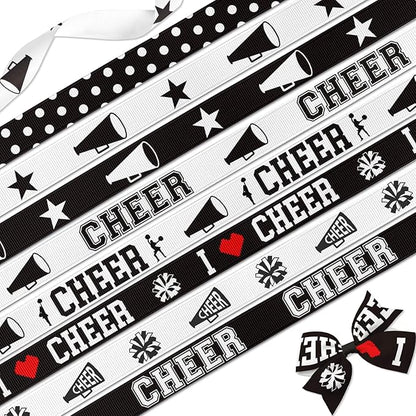 3/8 Inch Cheer Ribbon, 8 Pack Grosgrain Cheerleading Designs for Hair Bows, Mums and Spirit Crafts - 3 Yards Each