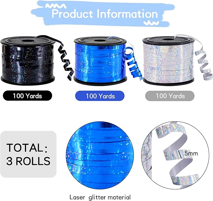 BEISHIDA 3 Pack 100 Yards Blue Black Silver Curling Crimped Glitter Ribbon Balloon String Shiny Metallic Gift Wrapping Ribbon for 2026 Graduation Retirement Birthday Baby Shower Party Decoration