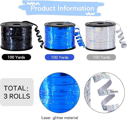 BEISHIDA 3 Pack 100 Yards Blue Black Silver Curling Crimped Glitter Ribbon Balloon String Shiny Metallic Gift Wrapping Ribbon for 2026 Graduation Retirement Birthday Baby Shower Party Decoration
