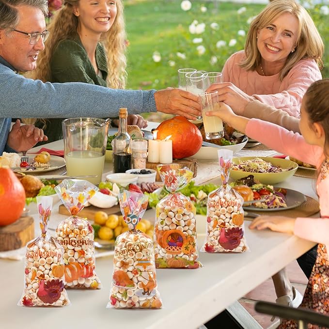 Pedenty 160 Pcs Thanksgiving Cellophane Treat Bags – 4 Fall-Themed Candy Bag Designs with Ties – Autumn Party Favor Goodie Bags for Thanksgiving Party, Classroom Exchange, or Holiday Treats