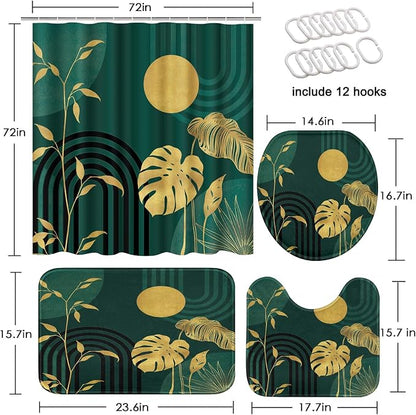 Boho Green Shower Curtain Set with Toilet Lid Cover and Non-Slip Rugs, Tropical Botanical Abstract Green Gold 4 Pcs Modern Minimalist Vintage Shower Curtain for Bathroom Set with 12 Hooks