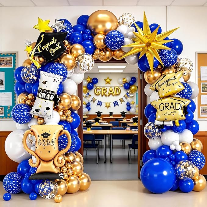 Graduation Balloon Arch Kit 2026 Royal Blue Gold White Graduation Balloons with Explosion Star,Diploma,Trophy,Grad Hat Foil Balloon for Class of 2026 Graduates Celebration Party Decoration(Blue)