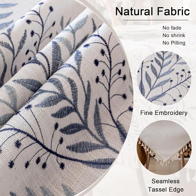 Joyfol Day Rustic Waterproof Linen Tablecloth, Heavy Weight Fern Embroidery Table Cloths for Rectangle Tables, Farmhouse Spill-Proof Table Covers with Tassels, Blue 55''x 102''