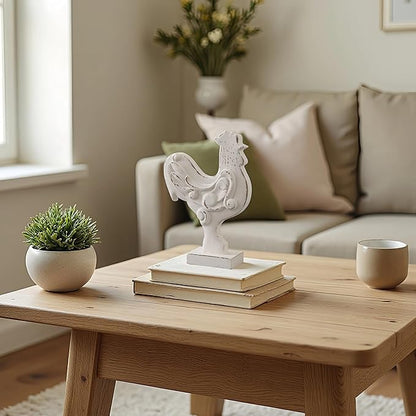 Rustic Small Chicken Statue Kitchen Decor 6 X 8 Inch, Handmade Distressed White Rooster Decor for Tabletop, Wooden Chicken Themed Gifts for Christmas Kitchen Mantel Dining Room Living Room