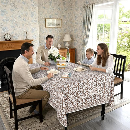 Ridhi Hand Block Print Oak Brown Rectangle Cotton Tablecloth 108" x 60" Reusable Table Cover Decorative Everyday Use for Dining, Farmhouse, Home Gift for Spring, Easter, Valentine