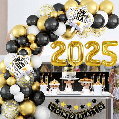 Graduation Balloon Arch Kit, Black Gold Graduation Balloons Garland with Confetti Balloon Graduation Banner Congrats Grad Star 2025 Foil Balloons for Class of 2025 Congrats Graduation Party Decoration