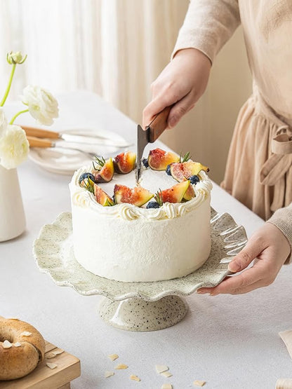 Ceramic Cake Stand, Small Cake Plate for 8 Inch Cake, Vintage Cake Pedestal Stand with Ruffle Trim for Mother's Day, Cupcake Stand for Dessert Table Display, Speckled White