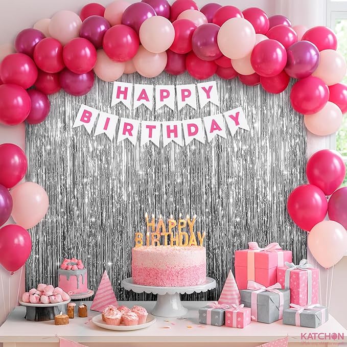 KatchOn, Big Silver Fringe Backdrop Set - 3.2x6.5 Feet, Pack of 52 | Silver Streamer Backdrop and Pink Latex Balloons | Fringe Curtain for Engagement, Disco, Wedding, Anniversary, Birthday Decoration