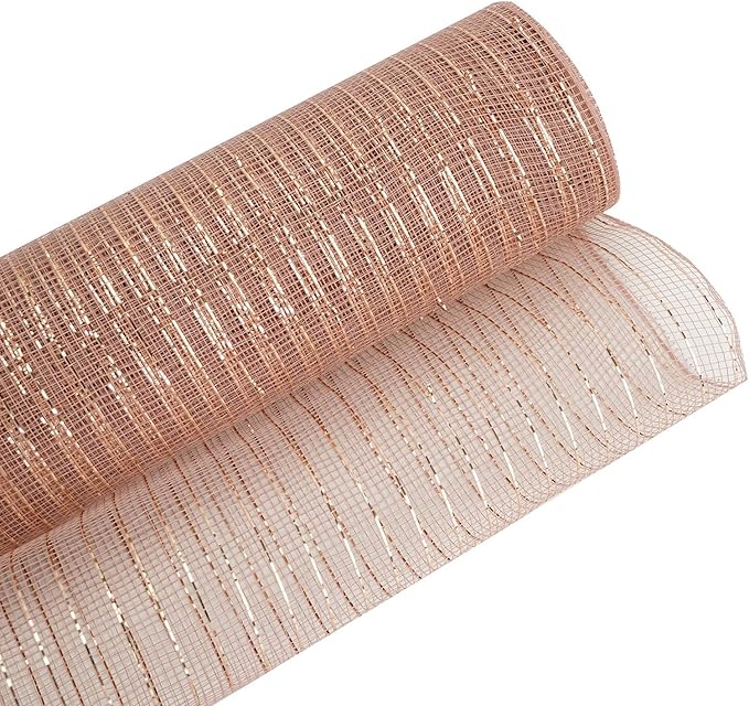 3 Roll Rose Gold Deco Mesh Ribbon for Wreath Making Supplies, 10 Inch x 30FT Metallic Foil Burlap Deco Mesh Fabric for DIY Crafts Door Wreath Swags and Decorating
