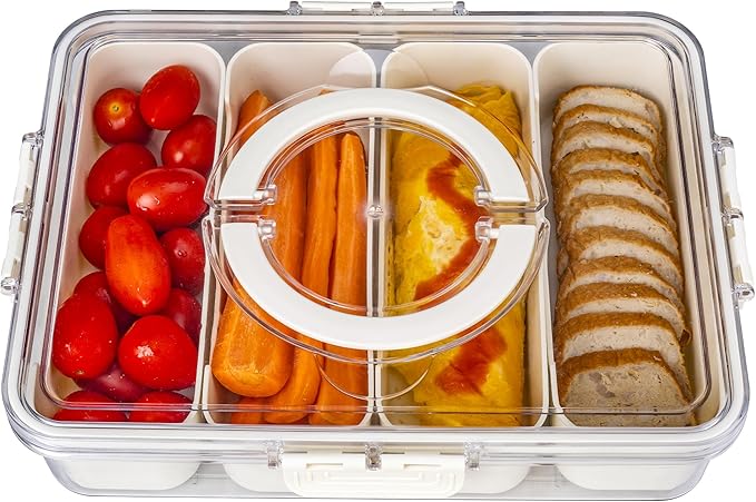 Bandesun Divided Serving Tray with Lid and Handle - Snackle Box Charcuterie Container for Portable Snack Platters - Clear Organizer for Candy, Fruits, Nuts, Snacks,4-Grid