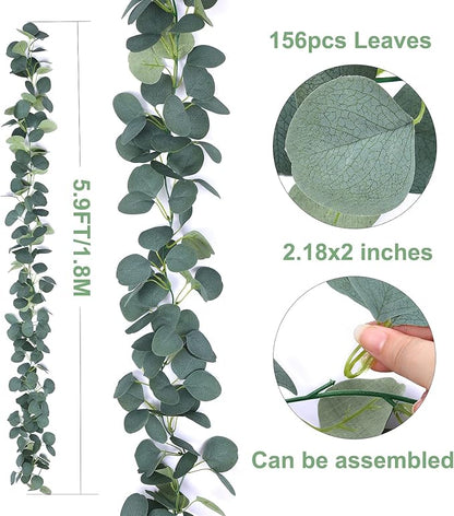 2 Pack Artificial Eucalyptus Garland Faux Silk Leaf Silver Dollar Eucalyptus Leaves Vines Handmade Garland Greenery Wedding Backdrop Indoor Outdoor Arch Wall Decoration
