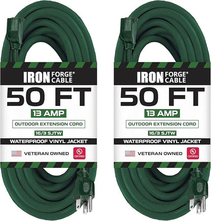 Iron Forge Cable 2 Pack Weatherproof 50 Ft Outdoor Extension Cord - 16/3 SJTW Heavy Duty Green Extension Cord 3 Prong - 13 Amp Exterior Power Cable