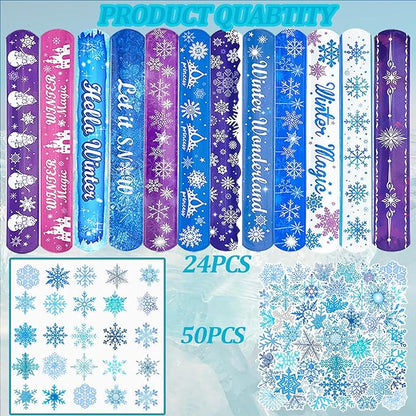 74Pcs Snowflake Theme Party Favors Contain 24 Pcs Snowflake Theme Slap Bracelets 50Pcs Snowflake Theme Stickers, Ice and Snow Theme Birthday Party Decorations
