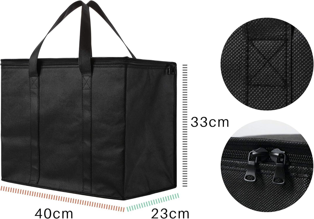 NZ home Insulated Cooler Bag and Food Warmer (XL Plus, 2 Pack) for Delivery & Grocery Shopping with Zippered Top, Black