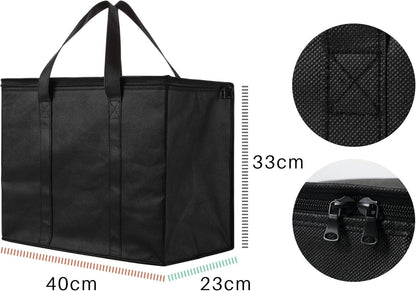 NZ home Insulated Cooler Bag and Food Warmer (XL Plus, 2 Pack) for Delivery & Grocery Shopping with Zippered Top, Black