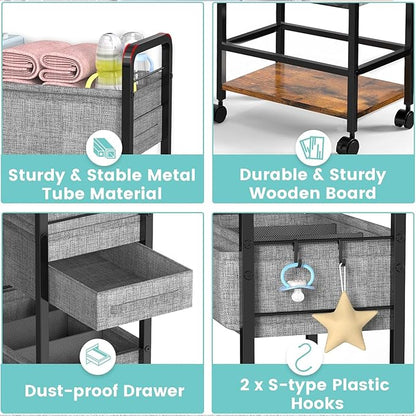 LIDTOP 2In1 Baby Diaper Caddy & 4-Tier Rolling Diaper Cart, Diaper Caddy Organizer Cart with Dividers & Drawer, Mobile Metal Bedside Cart for Nursery Essentials Storage, Large Capacity
