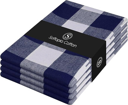 Navy Blue Buffalo Check Kitchen Towels, 4 Pack, 100% Cotton, 16x26 Inches, Soft, Absorbent, Quick Dry, Dish Cloths, Bar & Restaurant Cleaning Towels with Hanging Loop, Navy White