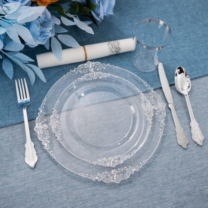 FLOWERCAT 175PCS Clear Silver Plastic Plates -Include 50 Plates, 25 Cups, 25 Forks, 25 Knives, 25 Spoons, 25Napkins for Wedding & Party&New Year