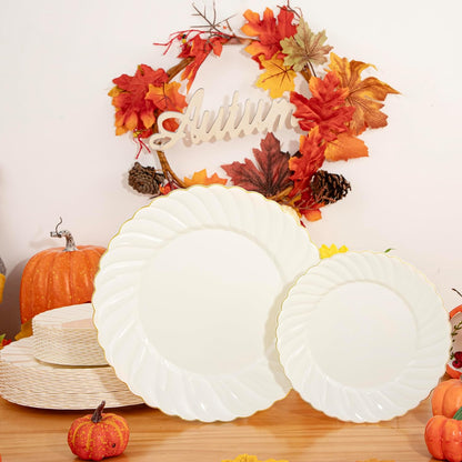 U-QE 60 Pcs Thanksgiving Plates Disposable – Ivory Scalloped Plastic Plates with Gold Trim – Elegant Plastic Plate Include 30 10.25" Dinner & 30 7.25" Dessert Plate for Party, Friendsgiving & Fall