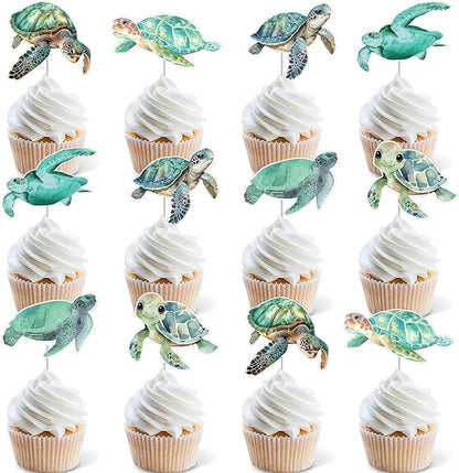 Turtle Birthday Decorations 24pcs Sea Turtle Theme Cake Toppers for Boys Ocean Animals 1st 2nd 3rd Birthday Decors Under the Sea Cake Decorations Underwater Baby Shower Gender Reveal Party Supplies