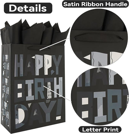 wishinside 16.5” Extra Large Black Happy Birthday Gift Bag Set with Handles, Greeting Card, Tissue Papers and Stickers for Men Boys Kids Teens, Cartoon Design, 1 Pcs